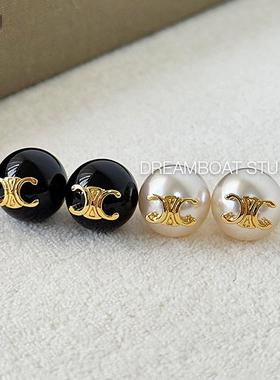 DB法式优雅ins小香风复古凯旋门玛瑙石珍珠耳钉女925银针耳环耳饰