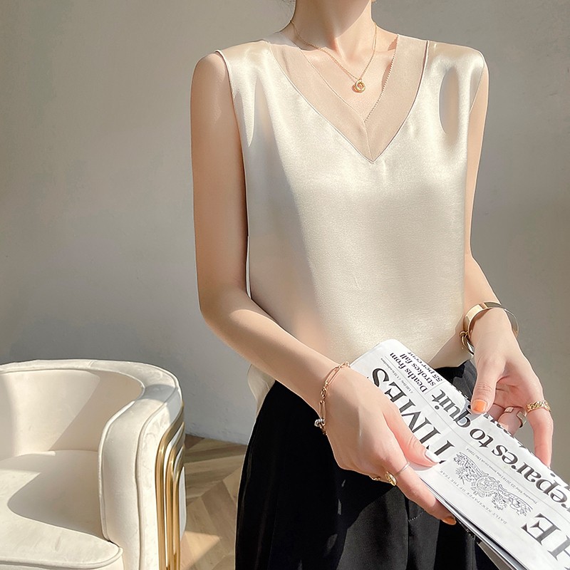 真丝吊带背心女内搭打底配西装桑蚕丝缎面夏V领白色外穿小吊带衫