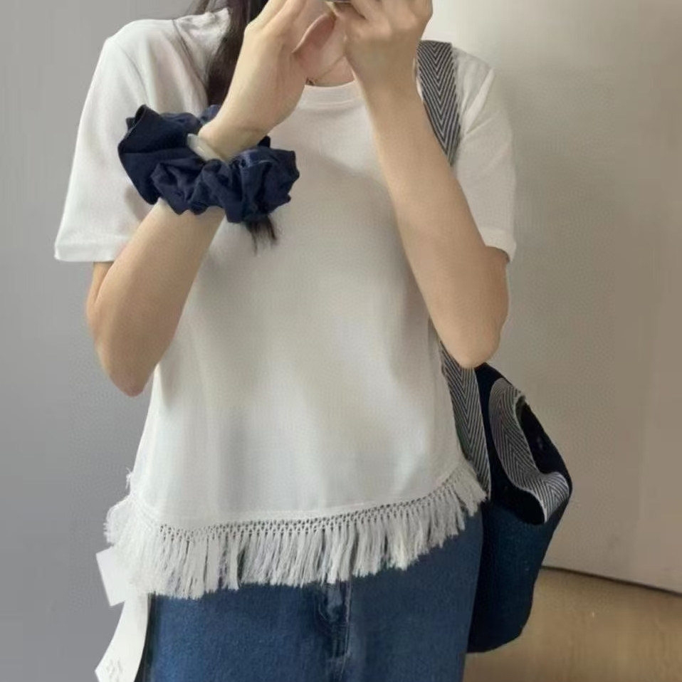 ins百搭白色棉质显瘦下摆流苏设计短袖女2025韩版洋气减龄短款T恤