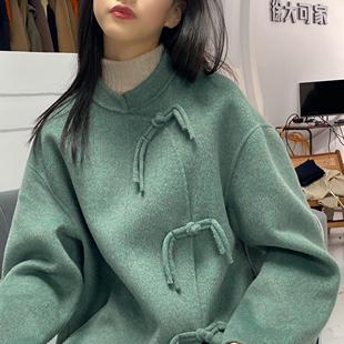 双面羊毛大衣女秋冬2023年新款 小个子中国风斜襟盘扣打结羊毛外套