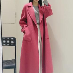 雪松粉双面羊毛大衣女长款过膝秋冬新款赫本风宽松毛呢外套高端