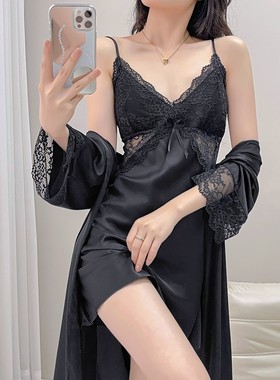 2025春夏季新款性感纯欲睡衣女薄款冰丝带胸垫吊带睡裙睡袍两件套