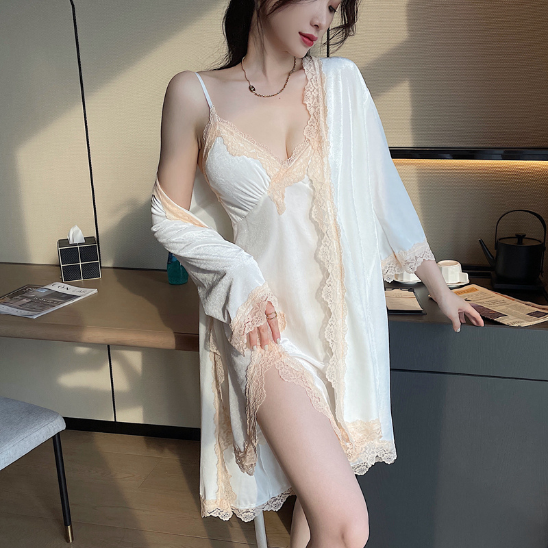 2023春秋季新款睡衣女长袖金丝绒性感吊带睡裙睡袍两件套装带胸垫