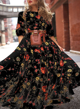欧美风黑色花卉印花连衣裙女七分袖修身A型大摆长裙度假风