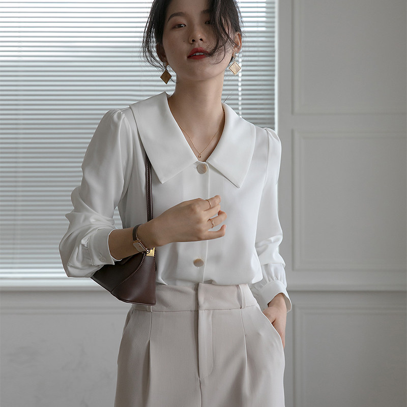 2021年新款娃娃领v领长袖雪纺白衬衫女设计感小众法式上衣春秋