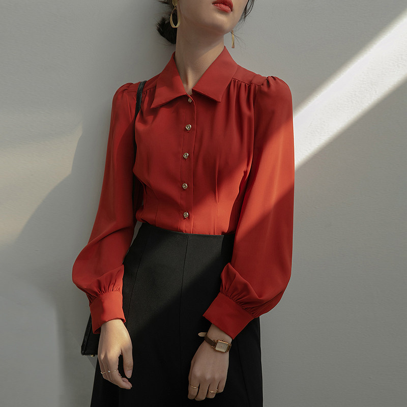 法式泡泡袖红色雪纺衬衫女设计感小众灯笼袖短款上衣复古港风衬衣