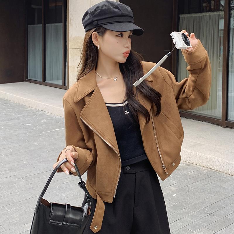 美拉德穿搭复古棕色鹿皮绒小个子短款高级感休闲夹克外套女春秋款