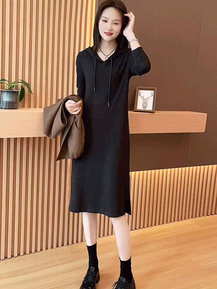 早秋连帽长袖卫衣连衣裙秋装女款2023年新款宽松显瘦秋季长裙子女