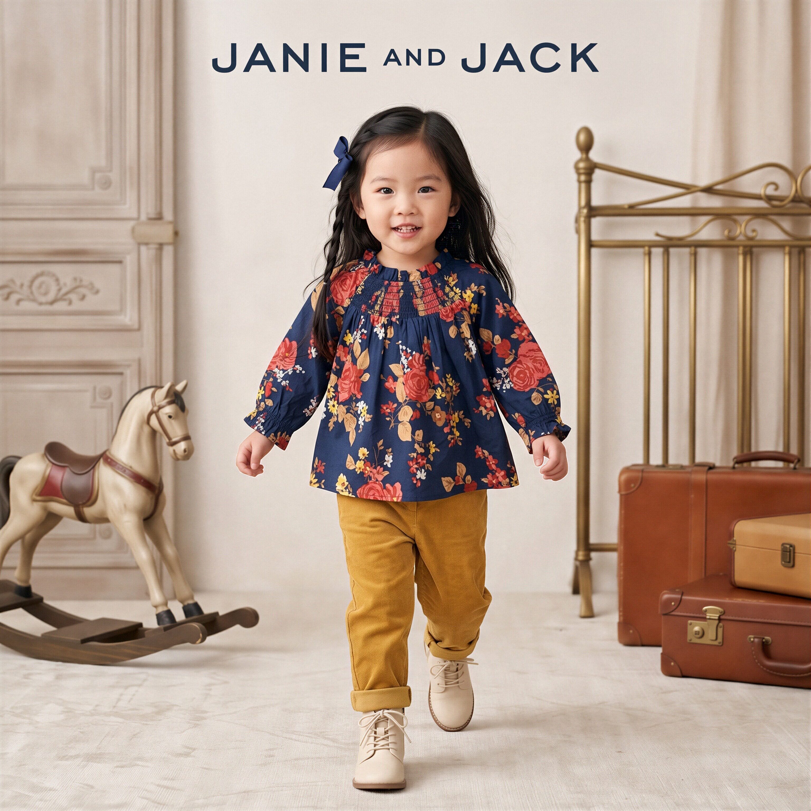 JANIEANDJACK深蓝春秋冬玫瑰女童春夏季纯棉木耳圆领长袖上衣衬衫