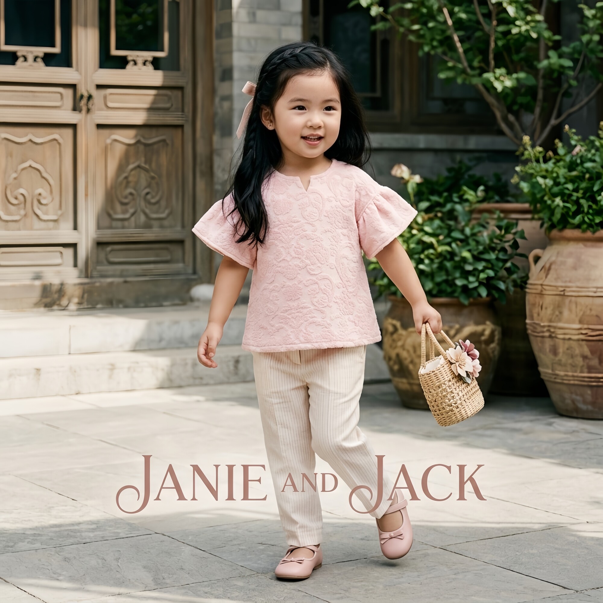 JANIEANDJACK纯棉粉色提花毛巾料阔袖春夏季女童优雅圆领短袖上衣