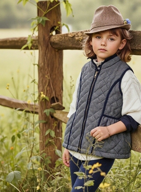 JANIE AND JACK黑白千鸟格春秋女童防风拉链高领夹棉马甲背心外套