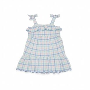 JANIE AND JACK纯棉天蓝白方格条纹蝴蝶结吊带春夏季女童