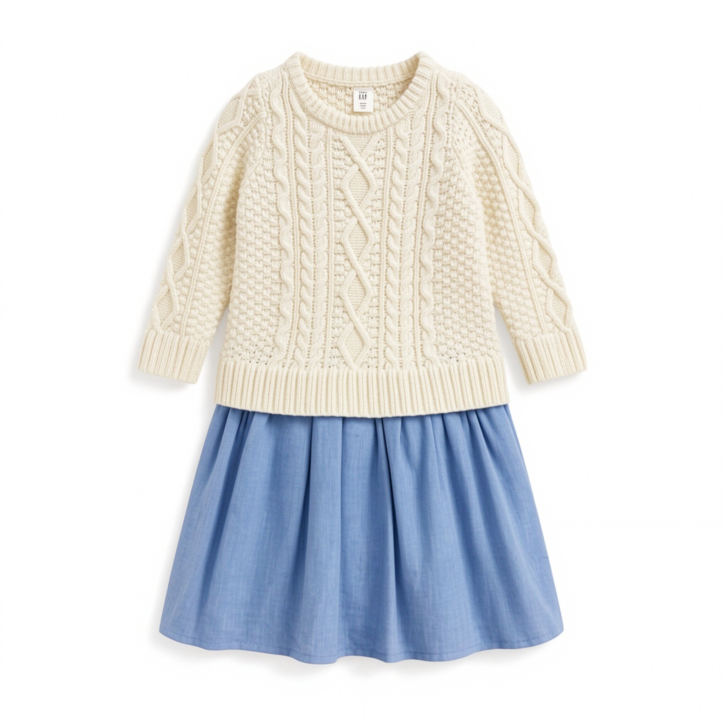 美单绞花中厚款学院风奶白天蓝春秋冬女童圆领长袖针织毛衣连衣裙