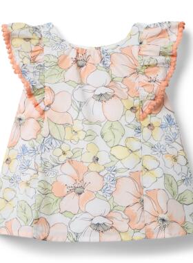 JANIEANDJACK春夏季纯棉木耳边飞袖橙色花边高档清爽优雅女童上衣