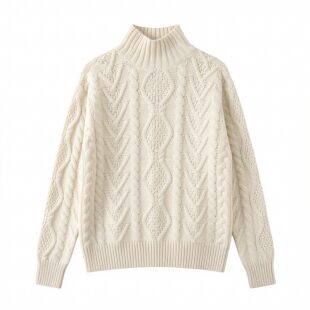 美单拉劳家奶白麻花厚款中高领长袖学院风复古春秋冬成人女款毛衣