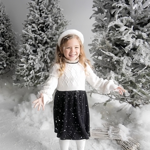 荷叶领春秋冬女童长袖 JACK黑白撞色高档法式 针织连衣裙 AND JANIE