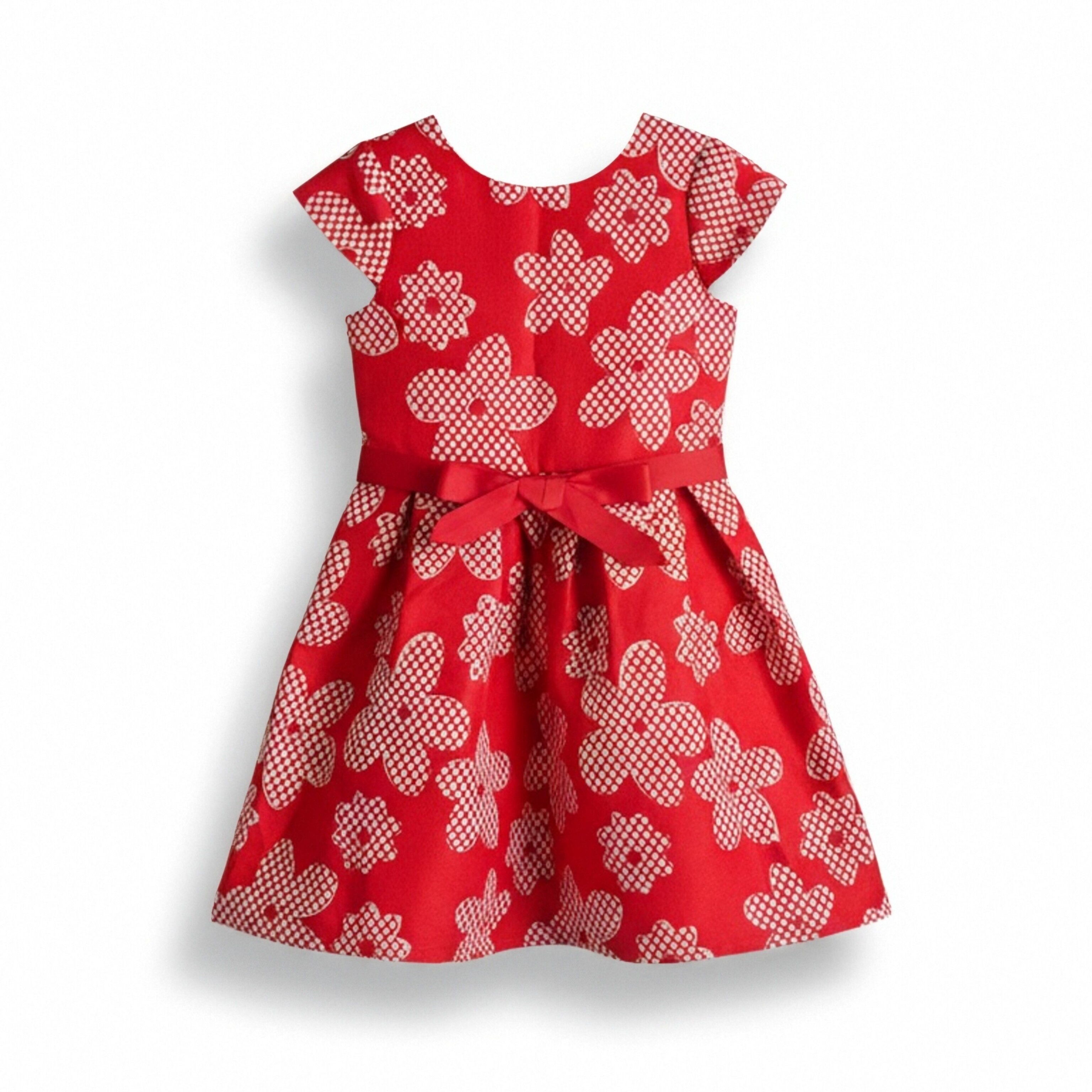 美单春夏季飞袖红白色花瓣新年高档优雅腰带百搭女童连衣裙公主裙