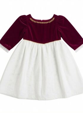 JANIE AND JACK酒红金穗花边白蓬蓬纱女童长袖春秋冬季公主连衣裙