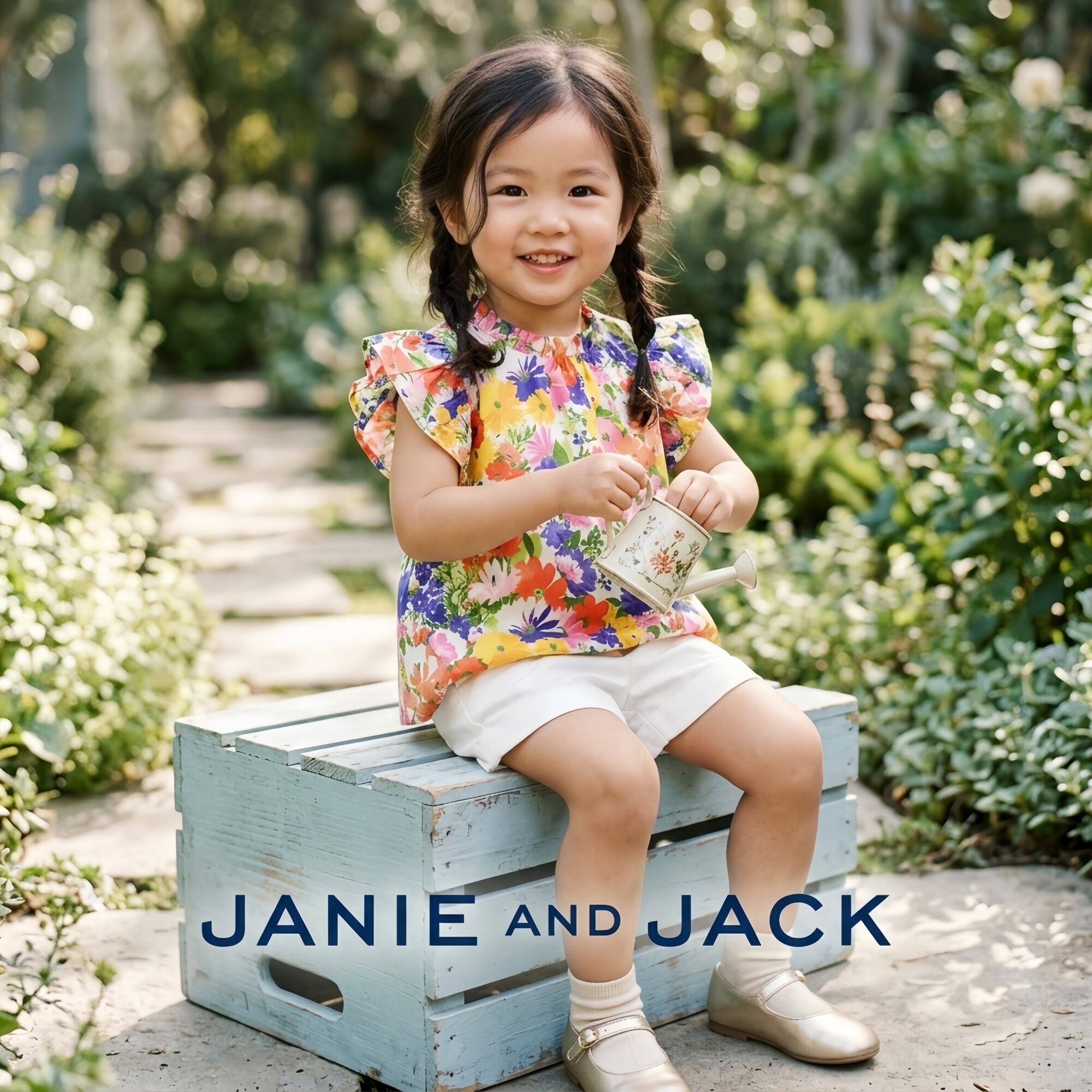 JANIEANDJACK纯棉黄蓝色木耳边飞袖女童春夏优雅户外高档碎花上衣