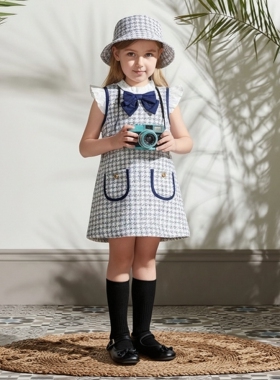 Janie and Jack藏青白千鸟格春秋纯棉蝴蝶结法式女童公主裙连衣裙