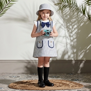 女童公主裙连衣裙 Jack藏青白千鸟格春秋纯棉蝴蝶结法式 Janie and