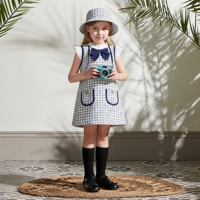 黑白千鸟格蝴蝶结法式女童公主裙