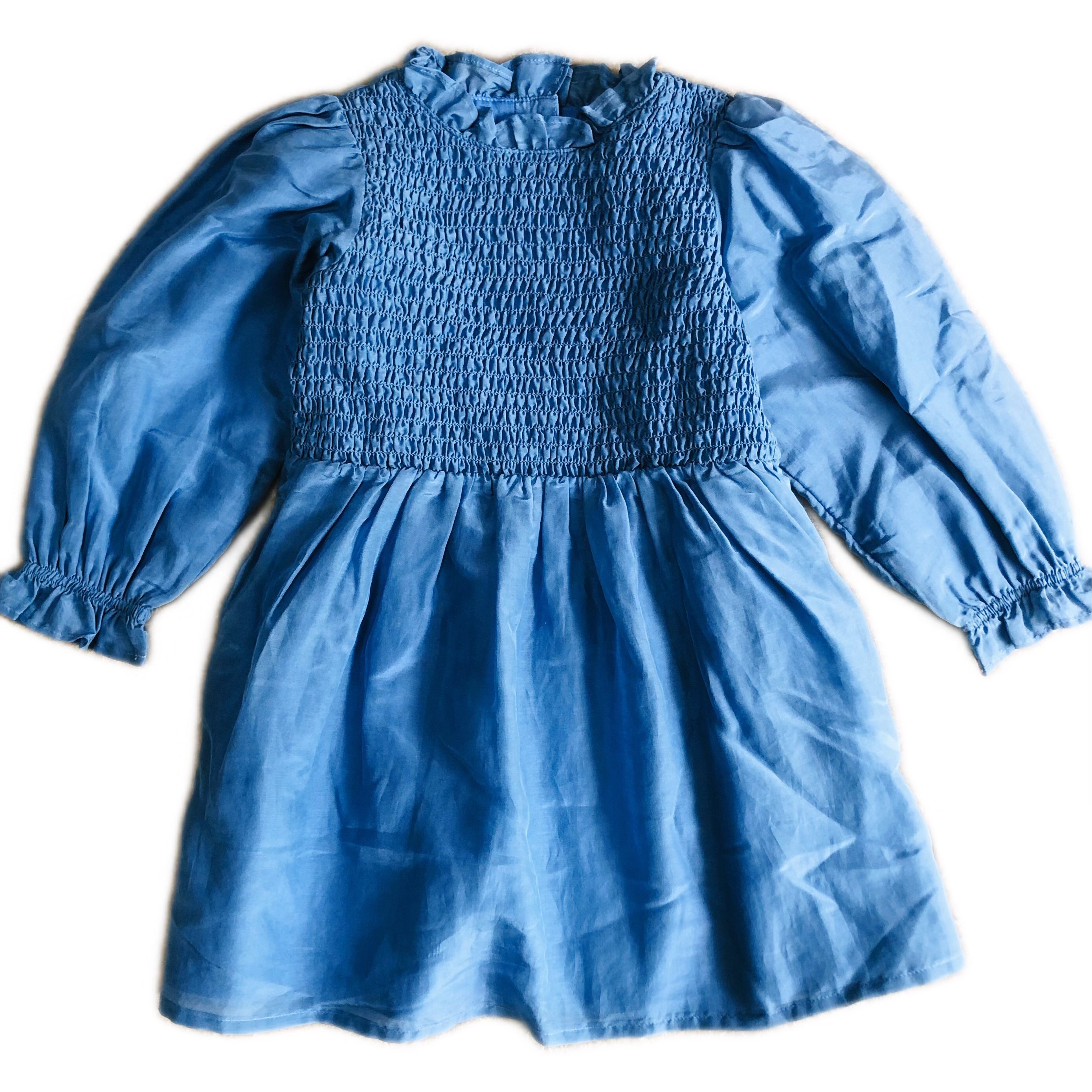 Janie and Jack夏秋季节湖蓝色抓皱图案花边长袖女童连衣裙