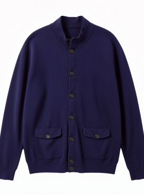 英国贵牌羊毛羊绒混纺深蓝色复古学院中高领纽扣长袖成人男款毛衣