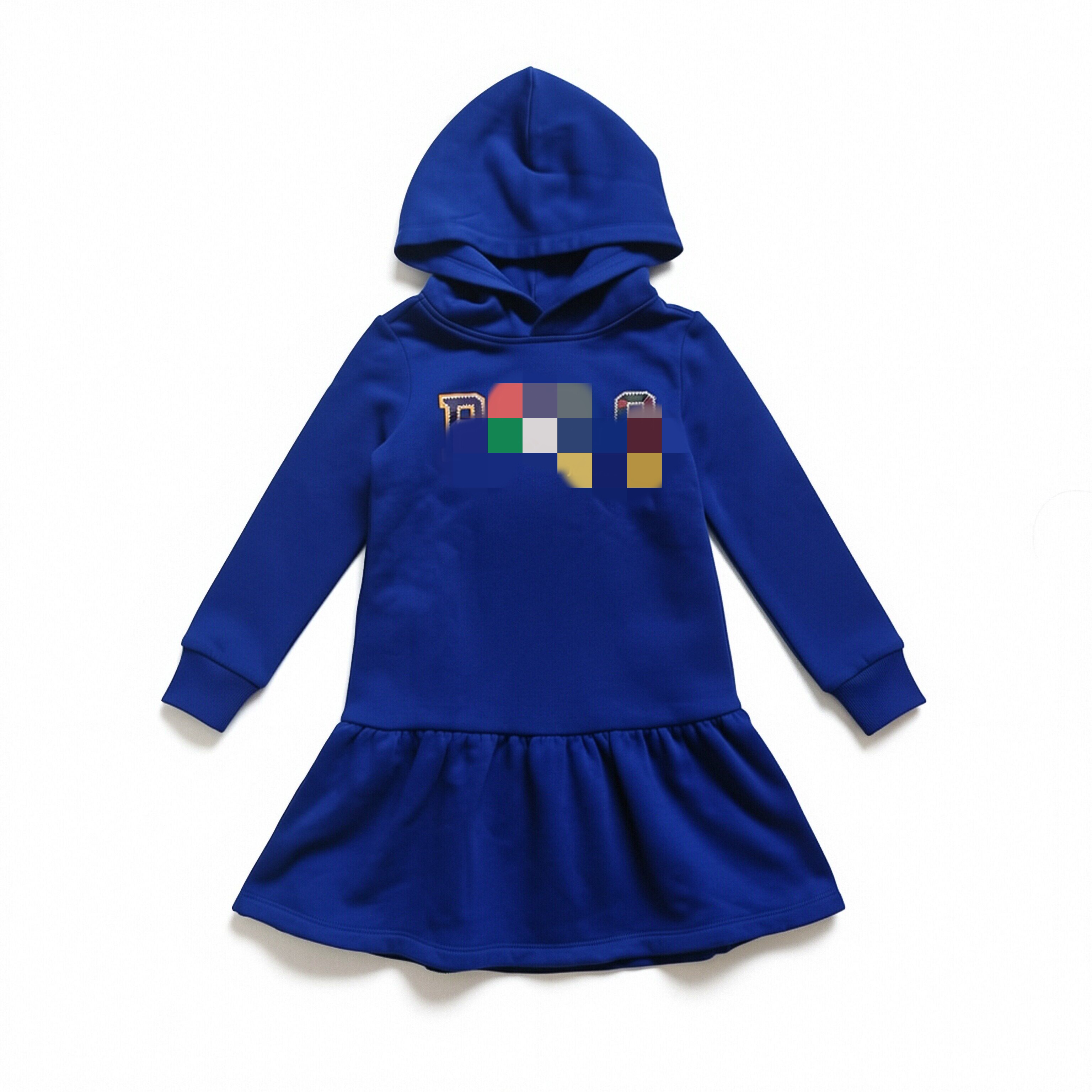 美单拉家连帽暗蓝色字母刺绣长袖春秋季针织女童长袖卫衣裙连衣裙