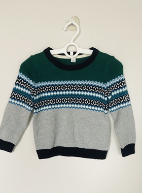Janie and Jack 灰色配菱形花色纯棉2岁男女童针织毛衣