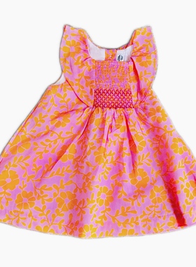 Janie and Jack夏季全棉橙色印花抓皱花样无袖3-6个月休闲连衣裙