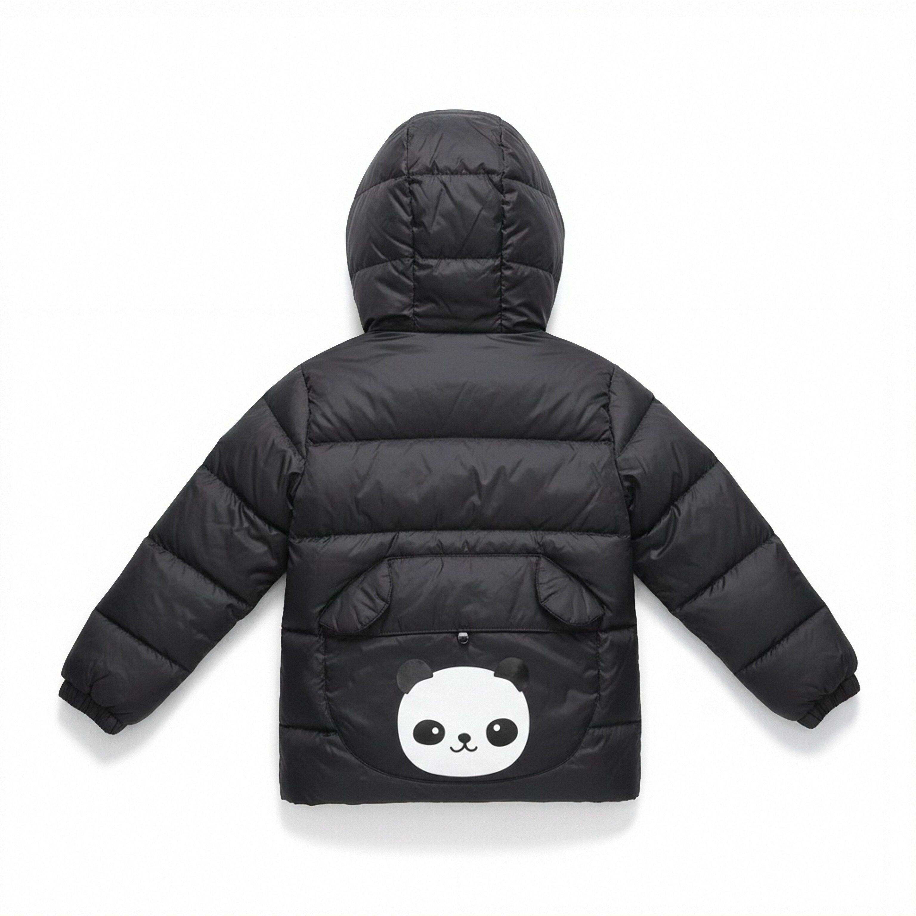 春秋冬黑色熊猫动物园后口袋男女童防风保暖拉链连帽白鸭绒羽绒服