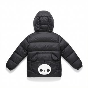 春秋冬黑色熊猫动物园后口袋男女童防风保暖拉链连帽白鸭绒羽绒服