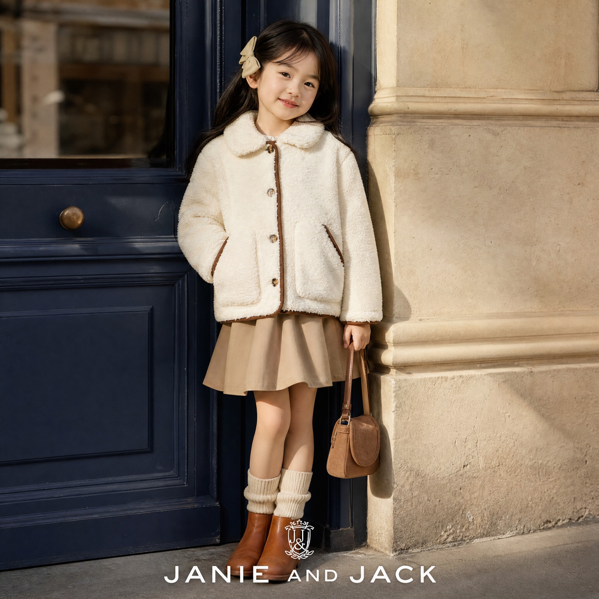 JANIEANDJACK25款春秋冬季羊羔毛奶白色保暖外穿百搭女童长袖外套