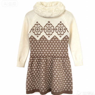 JANIE JACK浅驼色纯棉配电脑织花瓣图案2岁女童针织连衣裙 AND