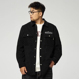 特大码工装外套男装秋冬季加肥加大潮流胖子帅气条纹轻奢小香夹克