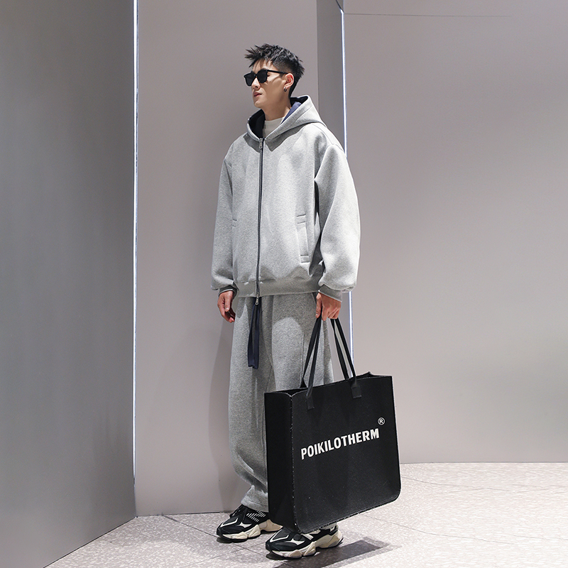 大码300斤美式撞色运动服套装男装秋冬季拉链卫衣外套长裤两件套