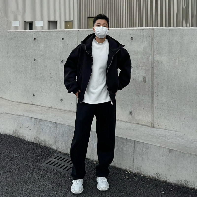 冬季美式简约重磅连帽卫衣开衫男潮流早春秋季休闲裤宽松两件套装