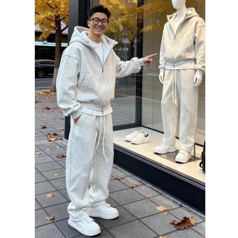 大码男生秋冬重磅开衫卫衣套装