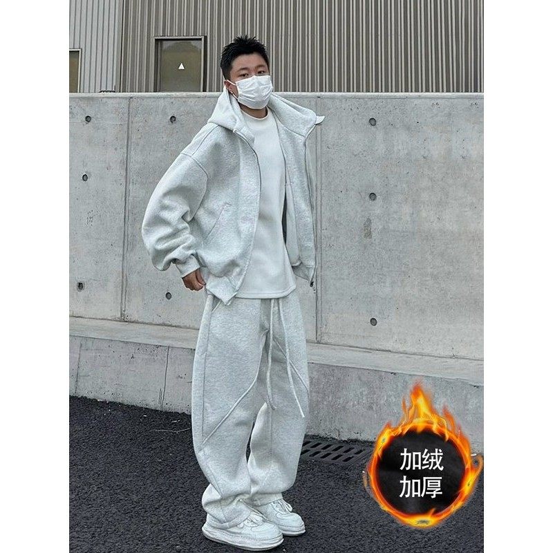 特大码休闲运动男装秋冬季加绒加厚宽松连帽外套卫衣卫裤两件套装