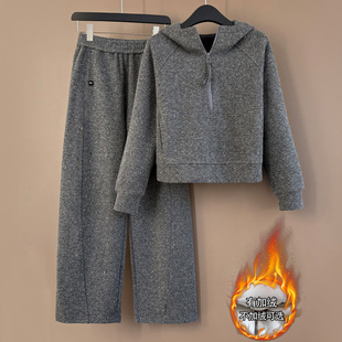 韩版灰色休闲运动套装女秋冬季加绒加厚半拉链连帽卫衣卫裤两件套