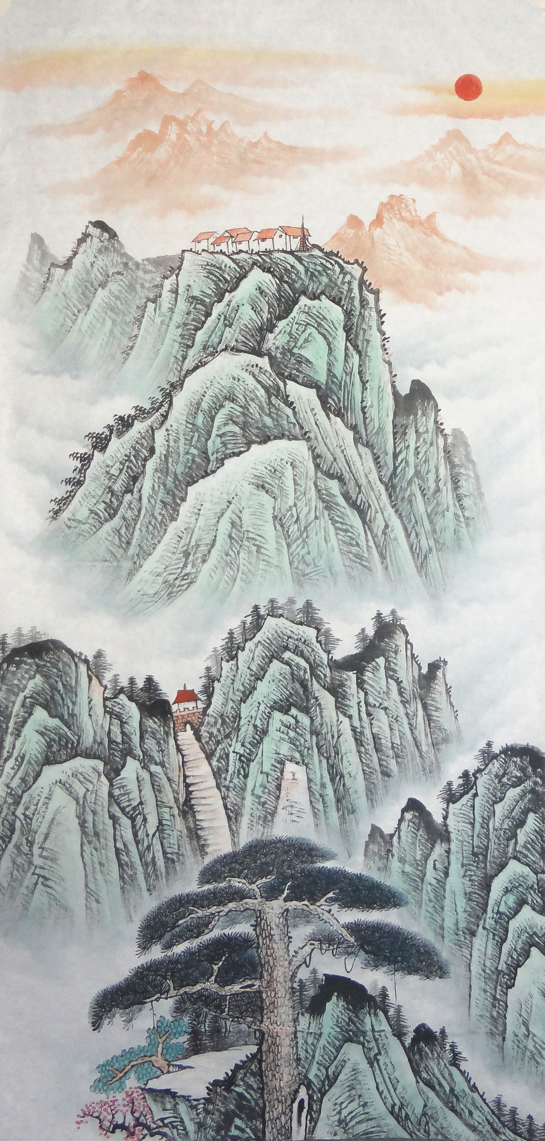 纯手绘山水画四尺国画竖幅泰山日出条幅未装裱风水画