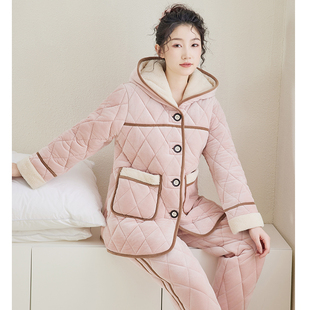 高级感宽松休闲连帽 三层加厚法兰绒夹棉时尚 芬腾新款 睡衣女生冬季