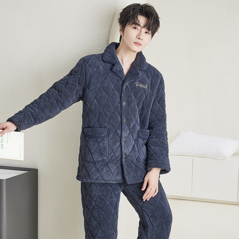 芬腾睡衣男款加厚保暖珊瑚绒抗静电三层夹棉加绒冬季可外穿家居服