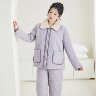芬腾睡衣女冬季 可外穿 三层加厚夹棉高级灰紫高贵舒适家居服套装