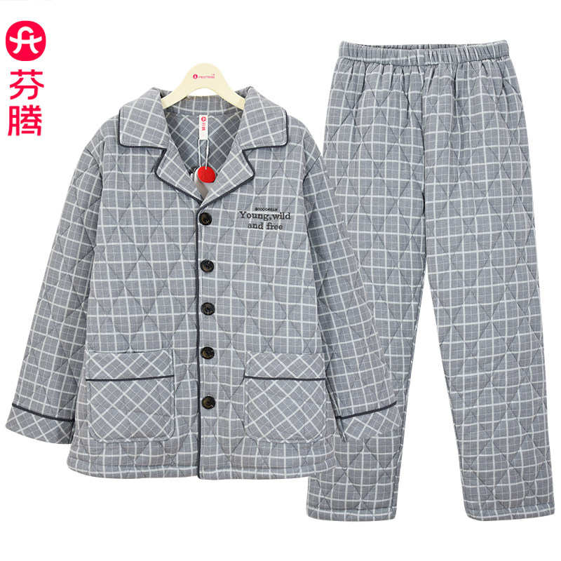 芬腾男款冬季纯棉防静电睡衣可外穿格子款家居服保暖亲肤时尚套装