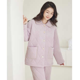 可外穿 高级宽松柔软家居服套装 芬腾睡衣女冬季 三层加厚夹棉时尚