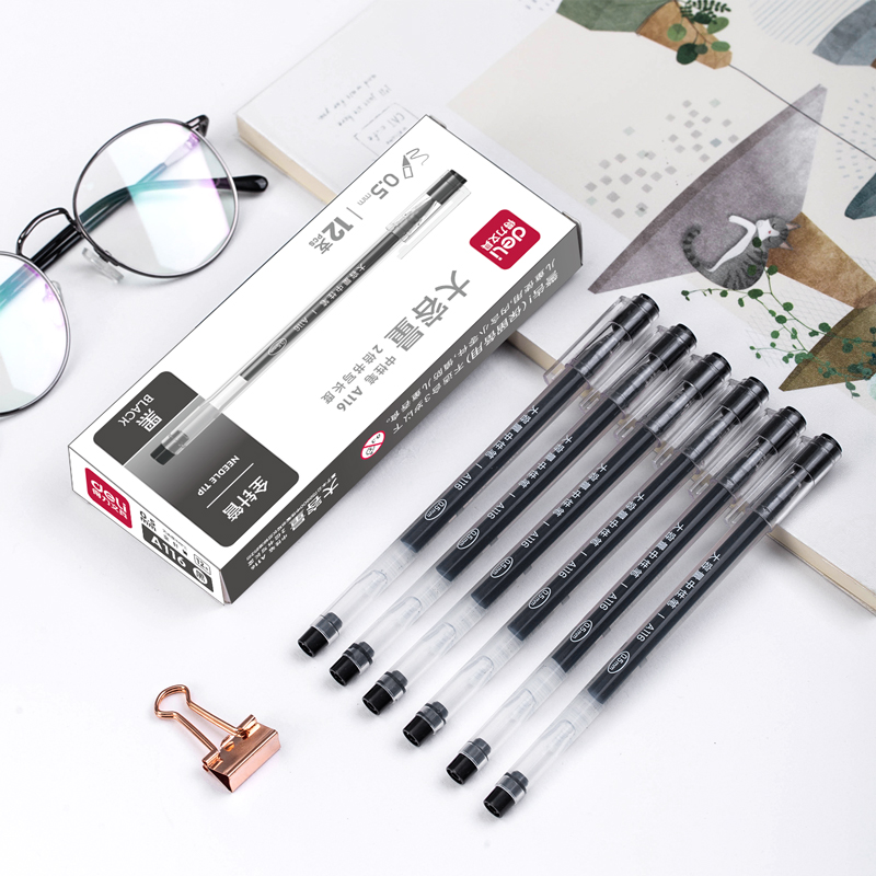 得力盖帽大容量12支全针管黑水笔