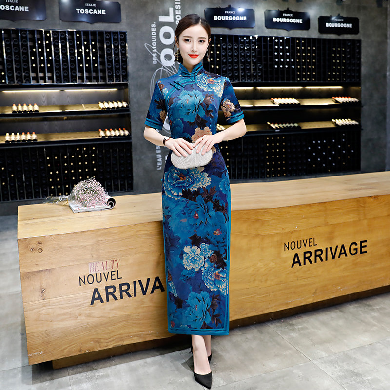 老上海香云纱旗袍长款大码改良优雅女气质走秀连衣裙2020复古新款