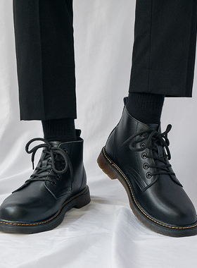 男士真皮马丁靴英伦风增高黑色高帮皮鞋百搭冬季加绒厚底工装靴子